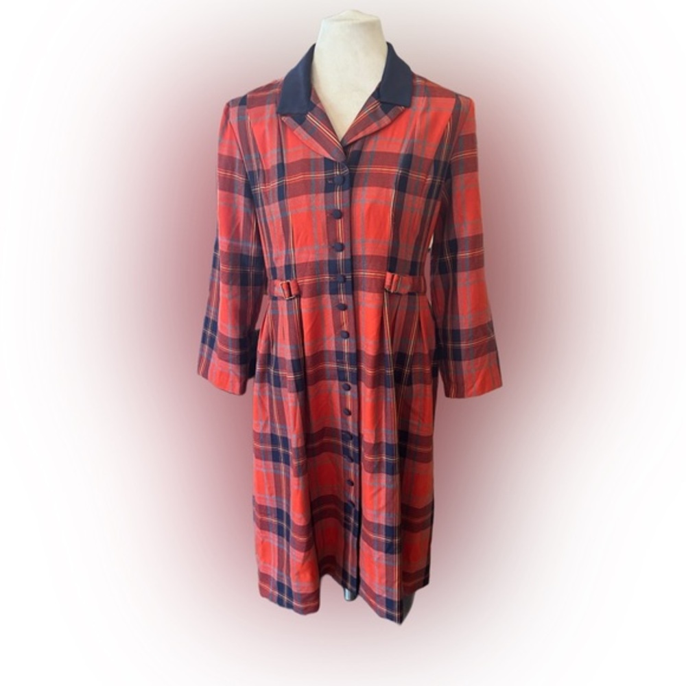 80s 12P Halmode Petites Orange Plaid Dress